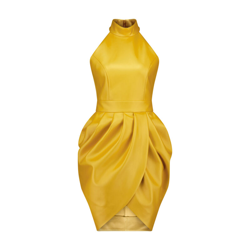 The signature Monique Singh Draped Cocktail Dress Silhouette is designed to suit women with various body shapes.
