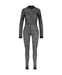 The Monique Singh Black Lace catsuit features an intricate design, long sleeves.